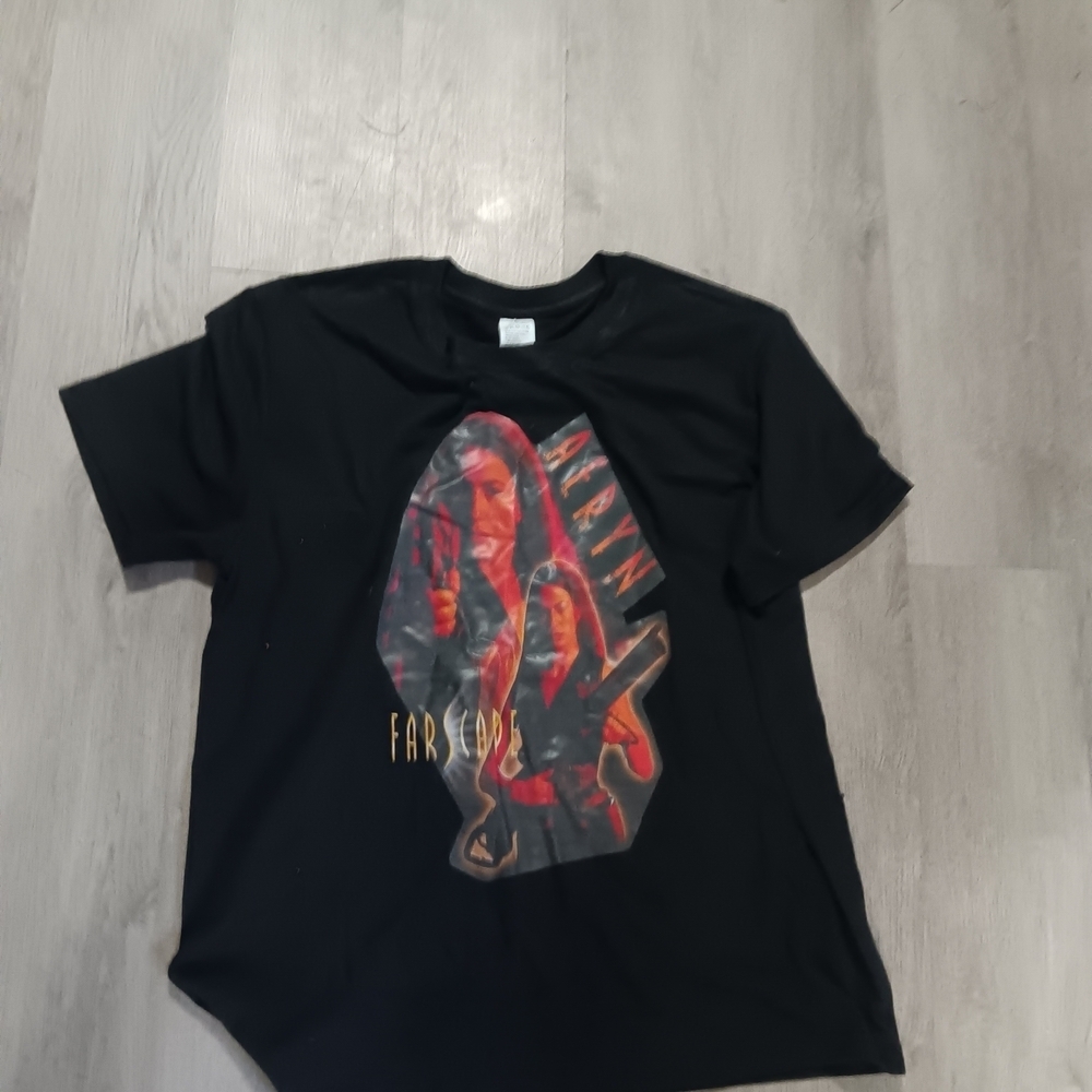 Black Graphic T-Shirt with Red and Orange Design Aeryn Sun Farscape